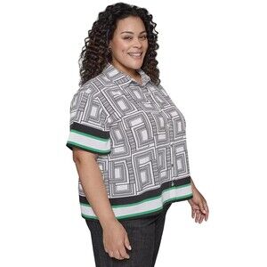 KARL LAGERFELD PARIS Women's Plus Size Printed Camp Shirt Black White Green 2X
